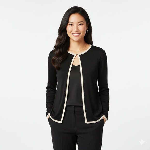 BCBGMaxAzria Sweaters - BCBGMaxAzria Black and Cream Silk blend Knit Cardigan – Size L